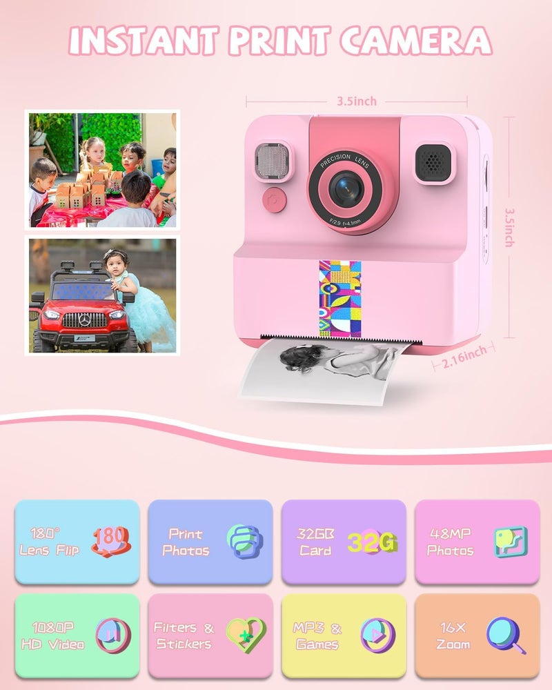 Sylvanthos Kids Camera Instant Print, Digital Camera for Kids, 180° Rotating Selfie Lens with 32GB SD Card & 2 Rolls Printing Paper Kids Toy Birthday Gifts for Boys Girls Ages 3-12, Pink - Image 2